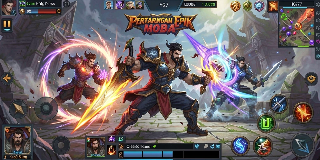 Screenshot HQ777 menampilkan pertarungan seru dalam permainan MOBA.