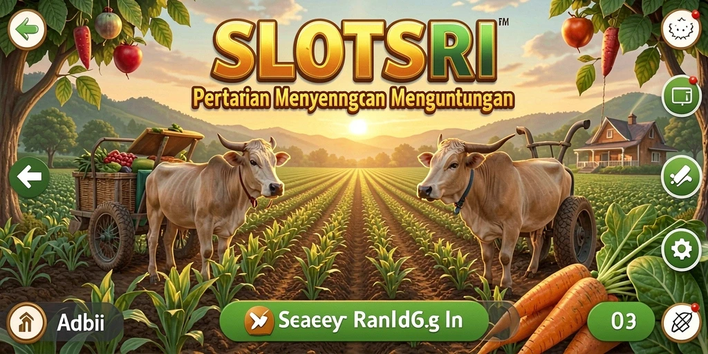 Tampilan permainan di SLOTSRI dengan kebun yang asri dan beruang hasil panen.